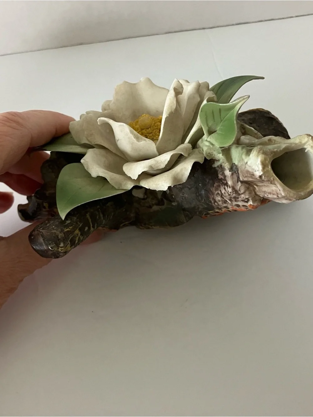 Porcelain White Flower Accent Vase with Green Leaves